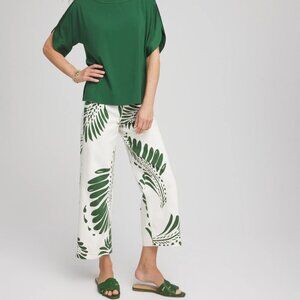 Palm-Frond-Motif Pull-On Wide-Leg Cropped Jeans